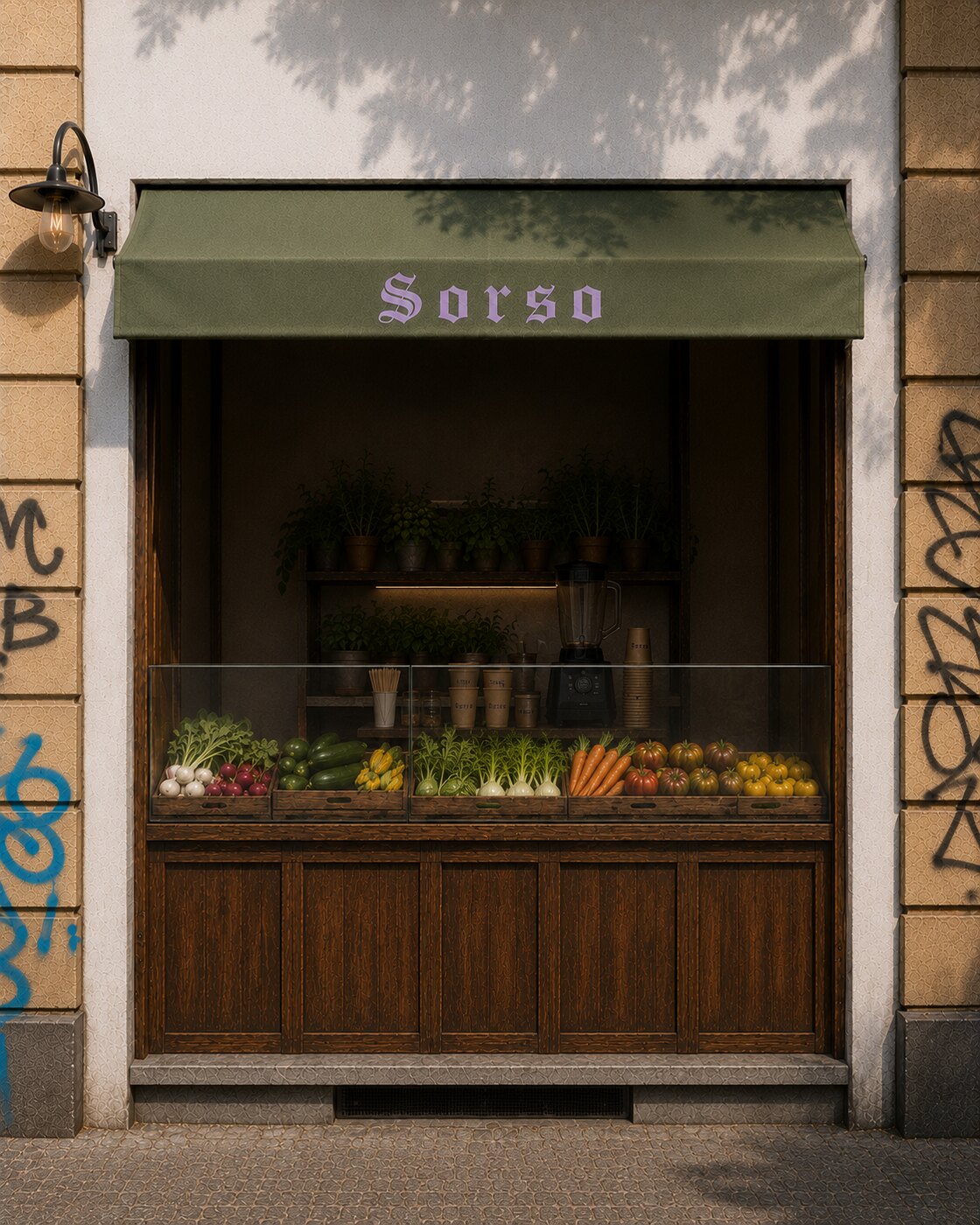 SORSO storefront, green awning, violet wordmark, seasonal produce