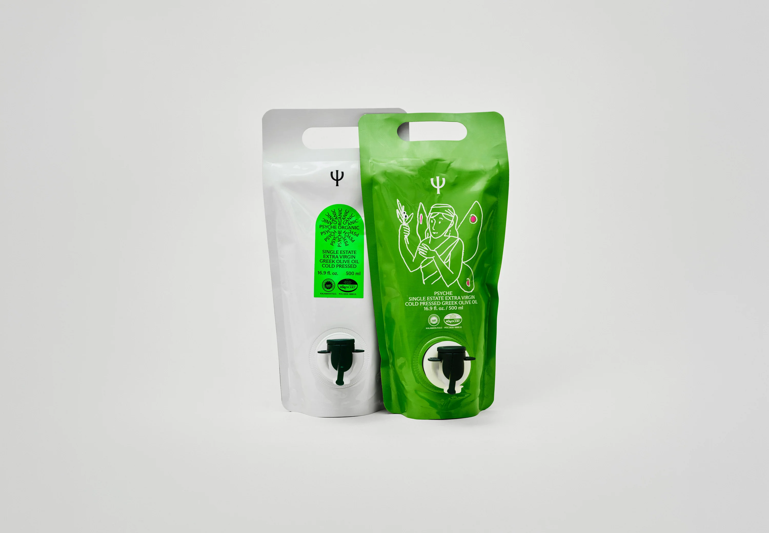 Psyche single-estate olive oil pouches, white and green, packaging as product