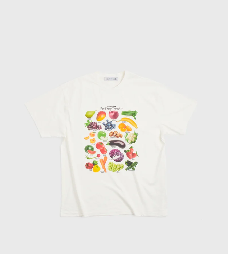Feed Your Thoughts fruit and vegetable print on a cream t-shirt