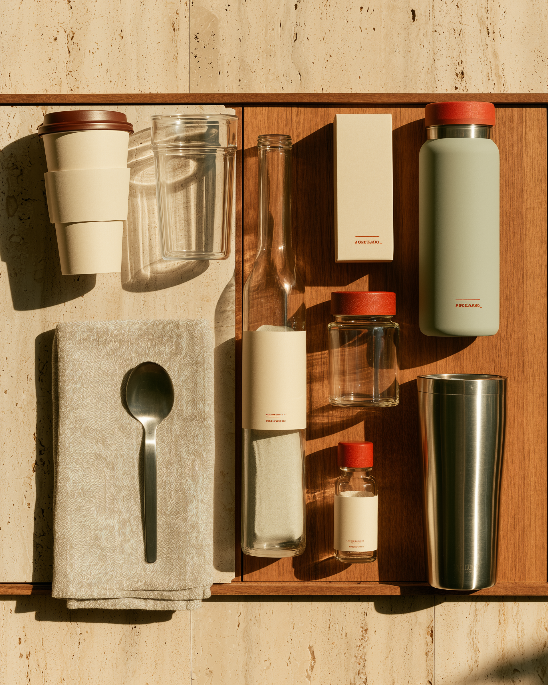 flat-lay of the SORSO packaging system: cup, bottle, jar, shot, reusable tumbler