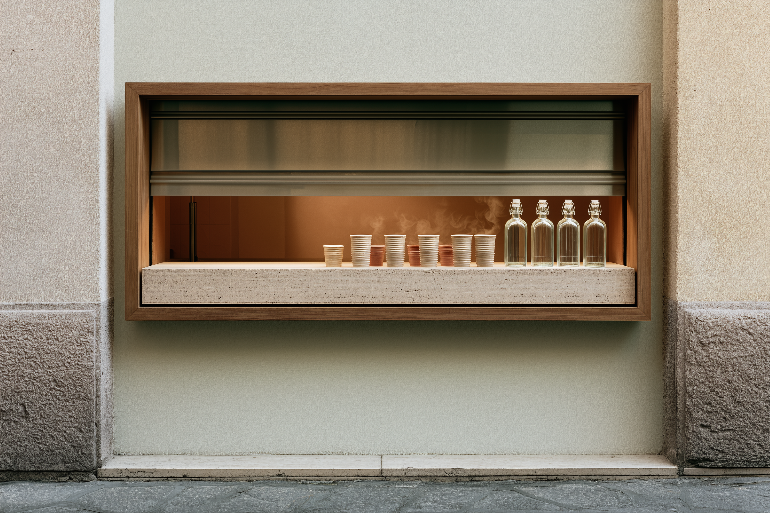 render of a small street window serving cups and bottles