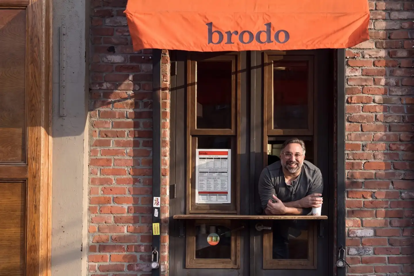 Brodo broth window, NYC, with founder Marco Canora