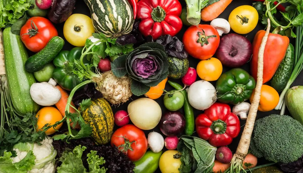 overhead spread of seasonal fruit and vegetables